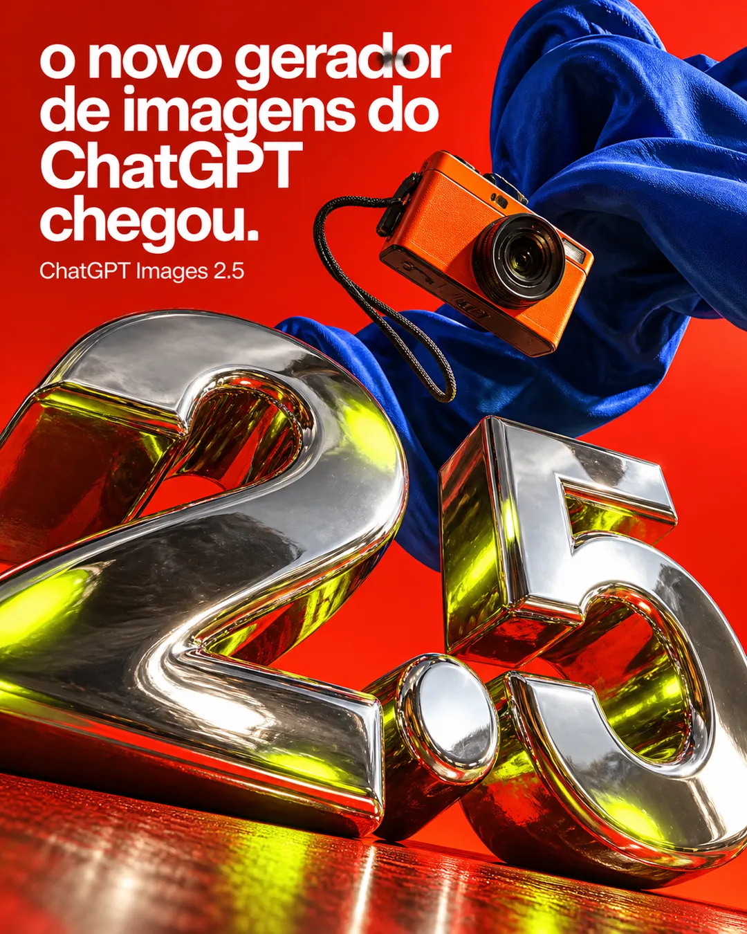 Pôster de capa: o número 2.5 esculpido em cromo sobre cenário vermelho, com uma câmera compacta laranja e um tecido azul flutuando entre os numerais.