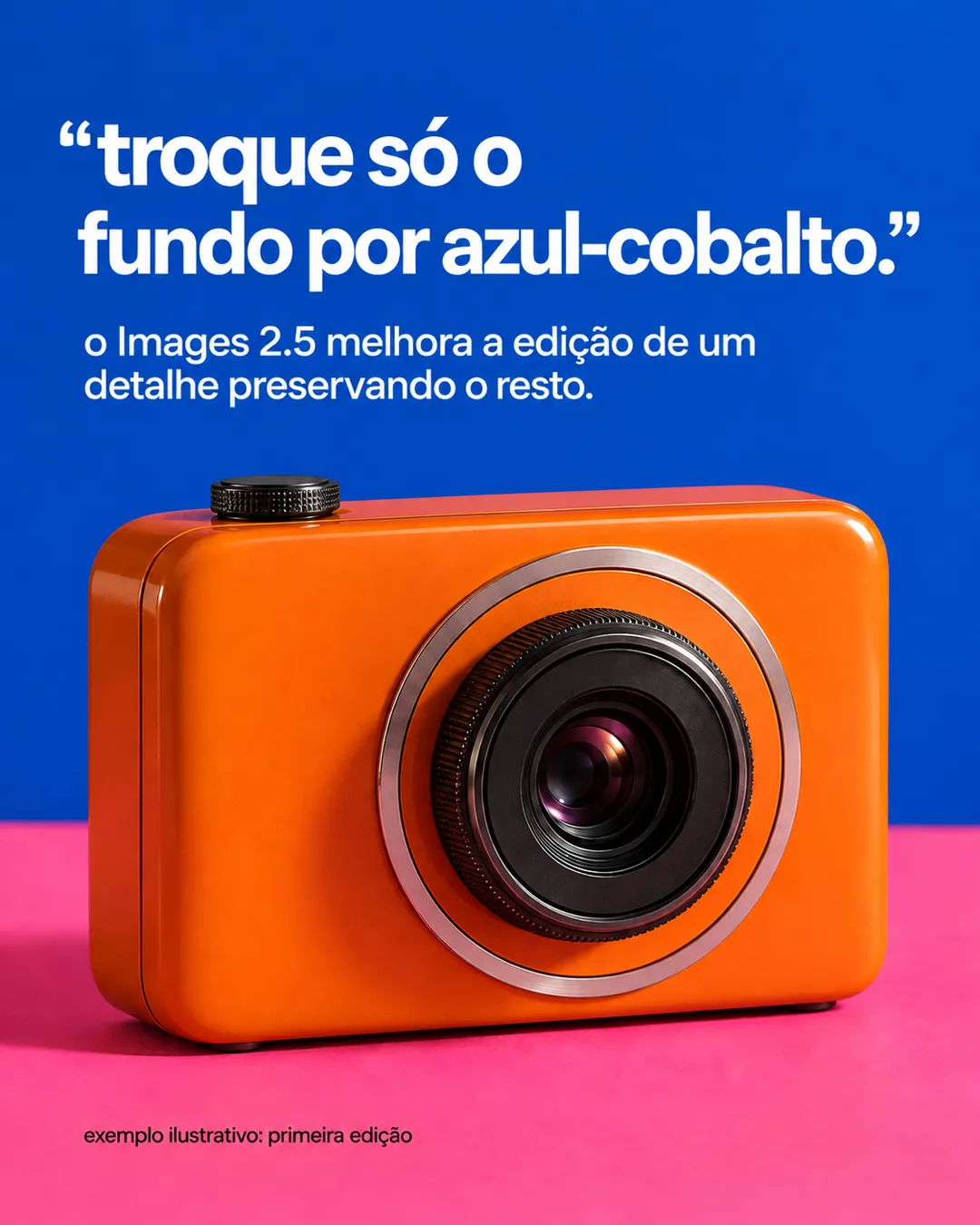 A mesma câmera laranja com a parede ao fundo em azul-cobalto e o chão ainda rosa.