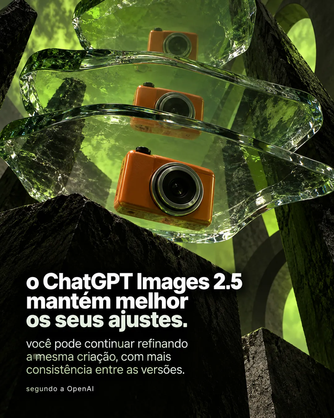 Instalação escultórica de lâminas de vidro verde, com a câmera laranja visível através das camadas.