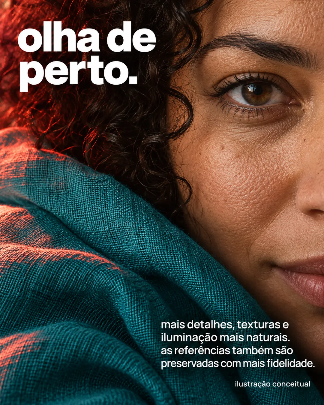 Fotografia macro de parte do rosto de uma pessoa, com um olho, cabelo cacheado e uma dobra de tecido aqua no ombro.