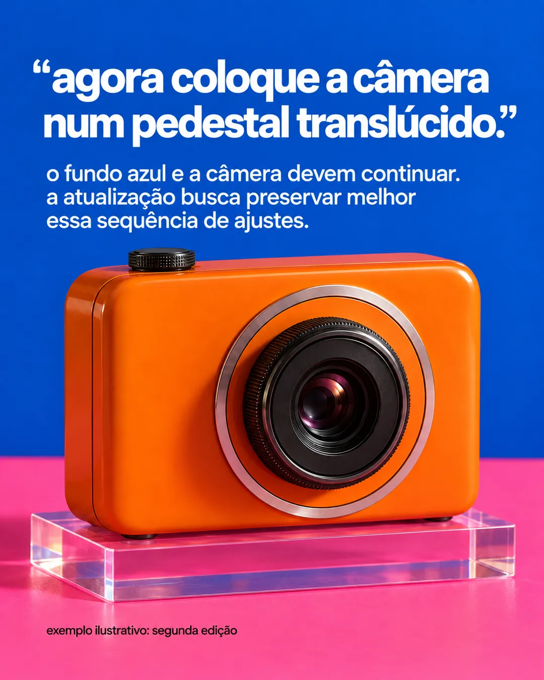 A mesma câmera laranja sobre um pedestal de acrílico translúcido, com parede azul e chão rosa.
