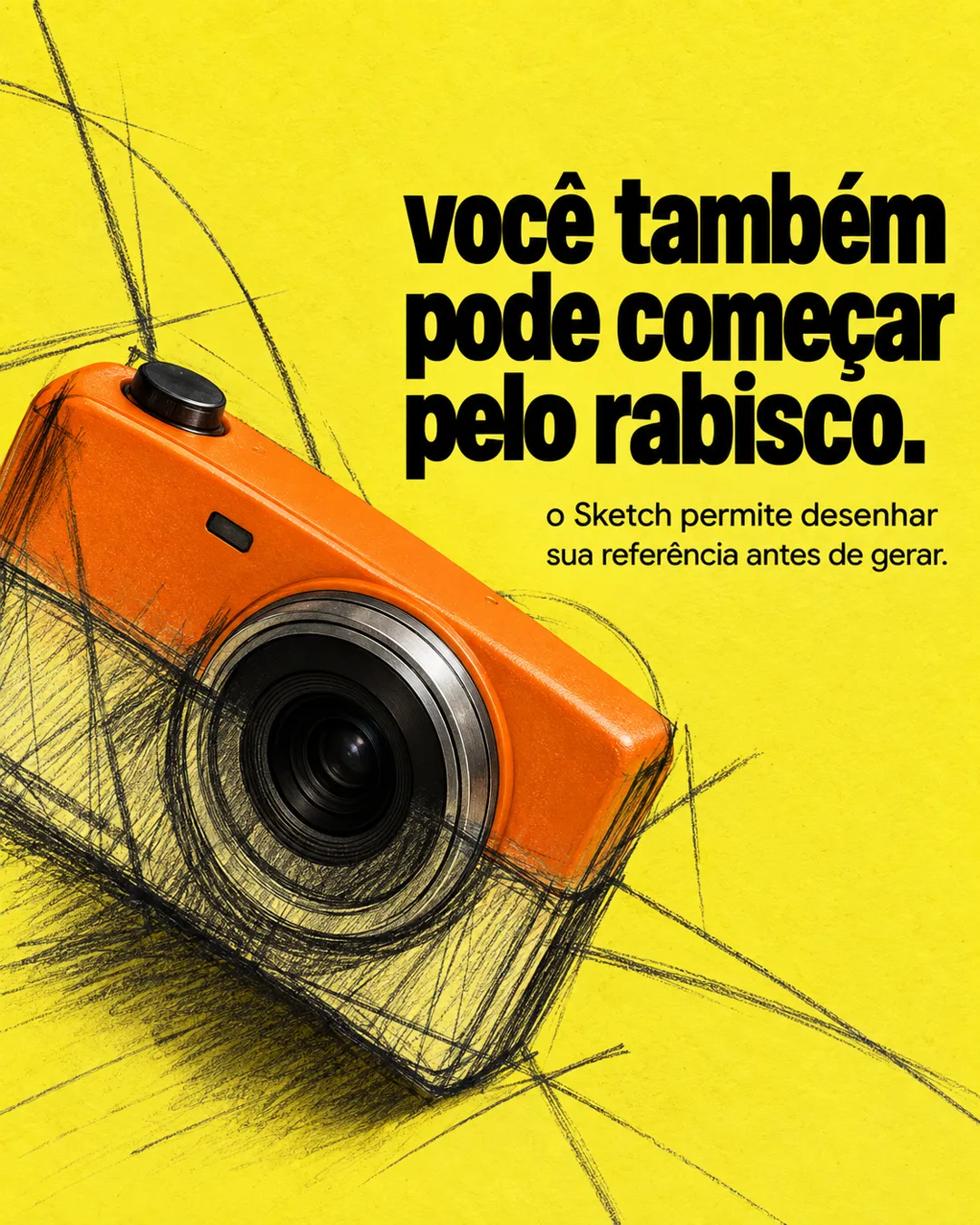 Cartaz em fundo amarelo-limão onde a metade de baixo da câmera é um rabisco a grafite e a metade de cima é o objeto tridimensional.