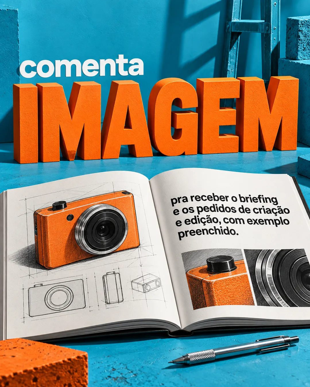 A palavra IMAGEM em letras laranja escultóricas sobre cenário ciano, com um artbook aberto na parte de baixo.